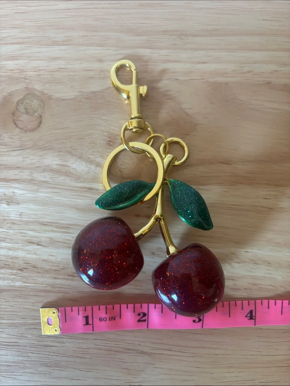 Sparkling Cherry Keychain with Gold Hardware and Green Leaves, Bag Charm